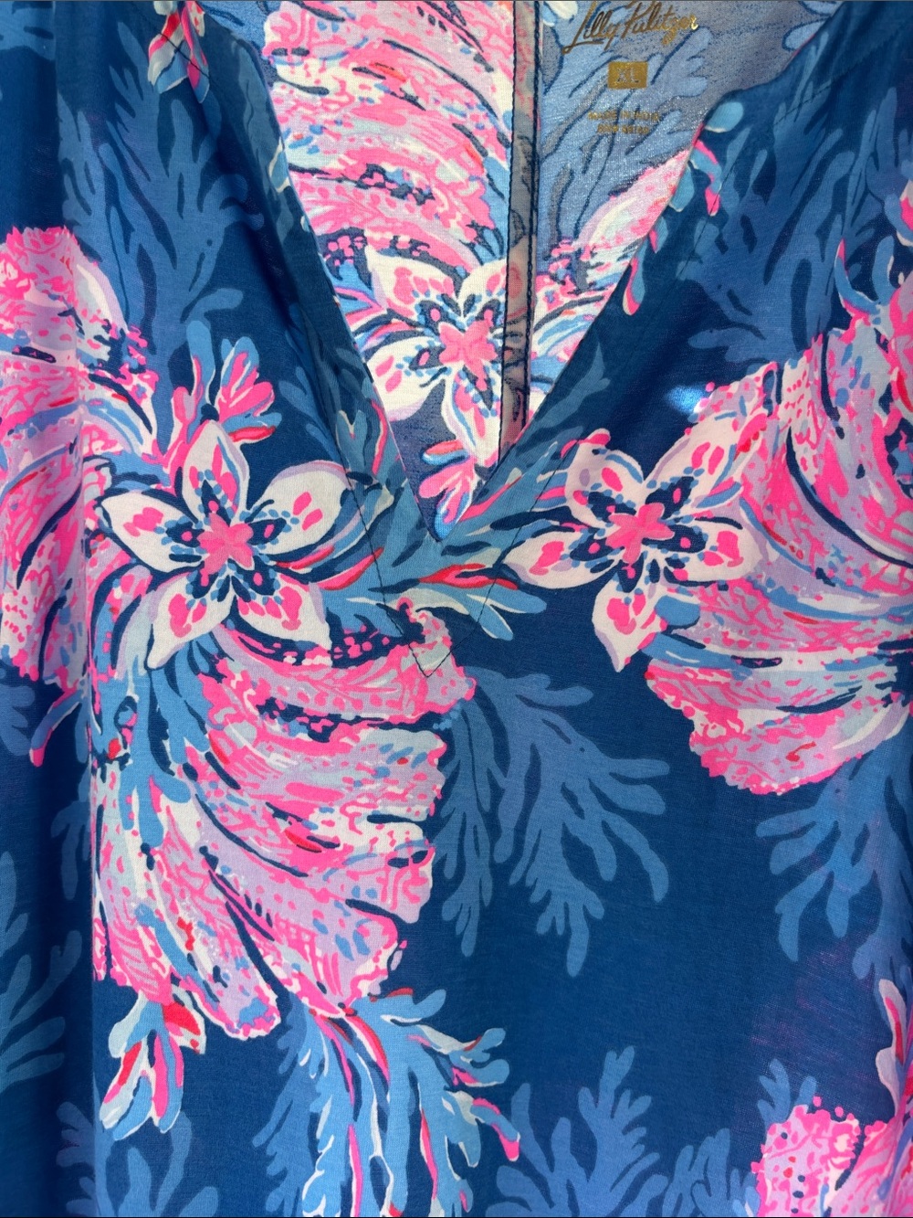 Lilly Pulitzer Easley Multi For The Fans Dress Coastal Blue Pink Hawaiian 🌺 XL - Picture 5 of 6